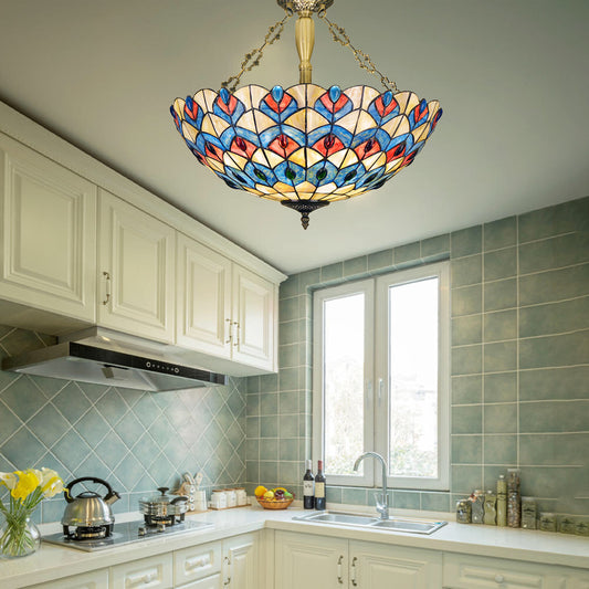 Stained Glass Antique Brass Semi Flush Mount Lighting Jeweled 4 Lights Tiffany Ceiling Light Fixture Clearhalo 'Ceiling Lights' 'Chandeliers' 'Close To Ceiling Lights' 'Close to ceiling' 'Glass shade' 'Glass' 'Semi-flushmount' 'Tiffany close to ceiling' 'Tiffany' Lighting' 297123