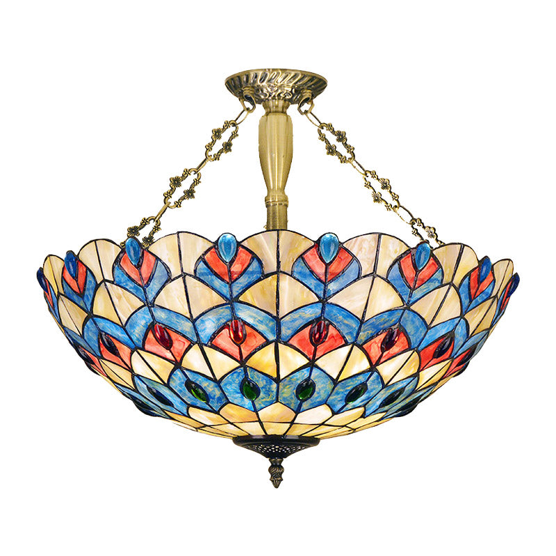 Stained Glass Antique Brass Semi Flush Mount Lighting Jeweled 4 Lights Tiffany Ceiling Light Fixture Clearhalo 'Ceiling Lights' 'Chandeliers' 'Close To Ceiling Lights' 'Close to ceiling' 'Glass shade' 'Glass' 'Semi-flushmount' 'Tiffany close to ceiling' 'Tiffany' Lighting' 297124