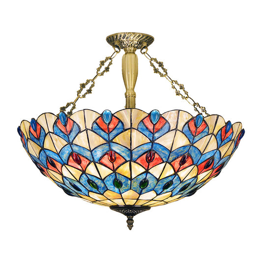 Stained Glass Antique Brass Semi Flush Mount Lighting Jeweled 4 Lights Tiffany Ceiling Light Fixture Clearhalo 'Ceiling Lights' 'Chandeliers' 'Close To Ceiling Lights' 'Close to ceiling' 'Glass shade' 'Glass' 'Semi-flushmount' 'Tiffany close to ceiling' 'Tiffany' Lighting' 297124