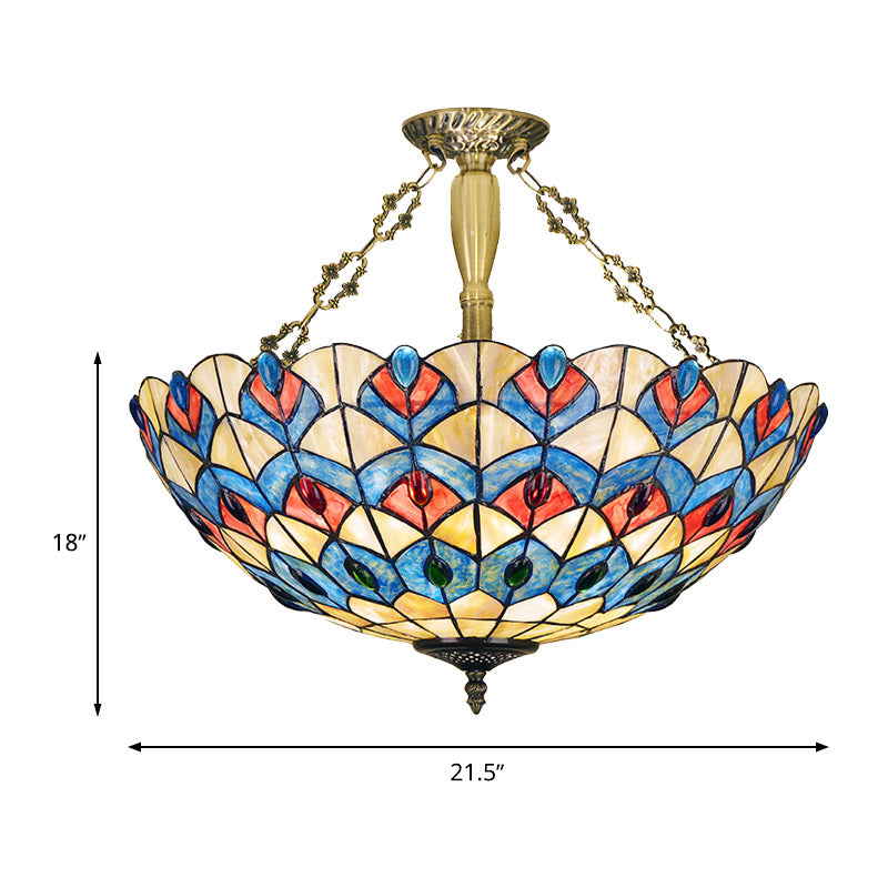 Stained Glass Antique Brass Semi Flush Mount Lighting Jeweled 4 Lights Tiffany Ceiling Light Fixture Clearhalo 'Ceiling Lights' 'Chandeliers' 'Close To Ceiling Lights' 'Close to ceiling' 'Glass shade' 'Glass' 'Semi-flushmount' 'Tiffany close to ceiling' 'Tiffany' Lighting' 297125