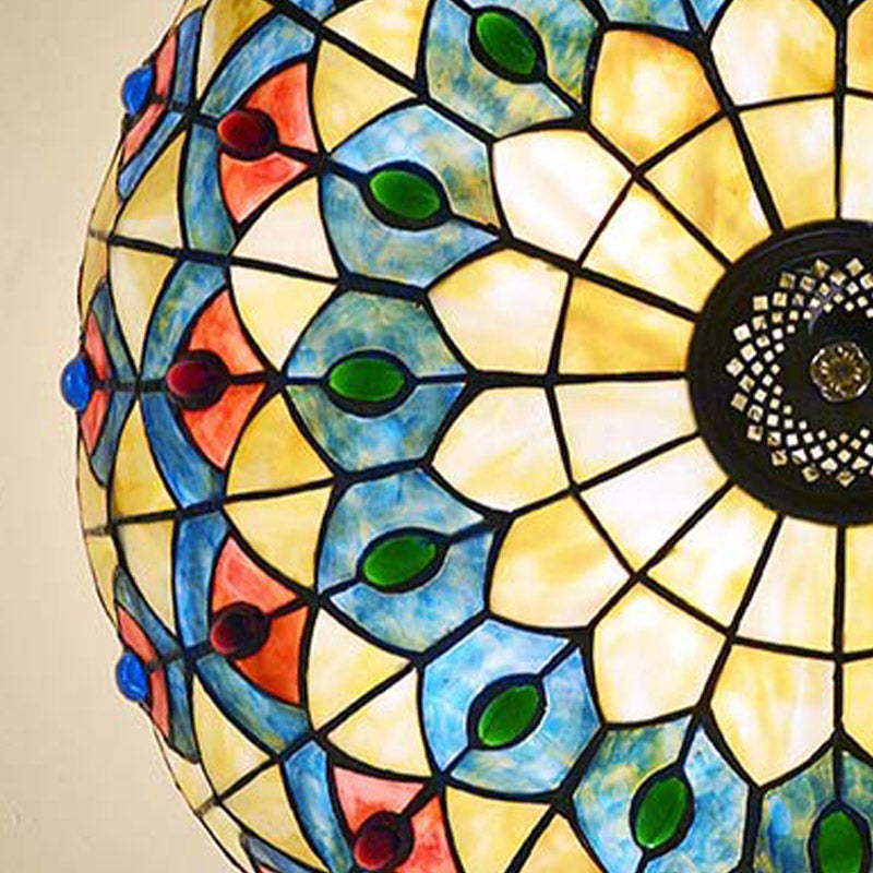 Stained Glass Antique Brass Semi Flush Mount Lighting Jeweled 4 Lights Tiffany Ceiling Light Fixture Clearhalo 'Ceiling Lights' 'Chandeliers' 'Close To Ceiling Lights' 'Close to ceiling' 'Glass shade' 'Glass' 'Semi-flushmount' 'Tiffany close to ceiling' 'Tiffany' Lighting' 297126