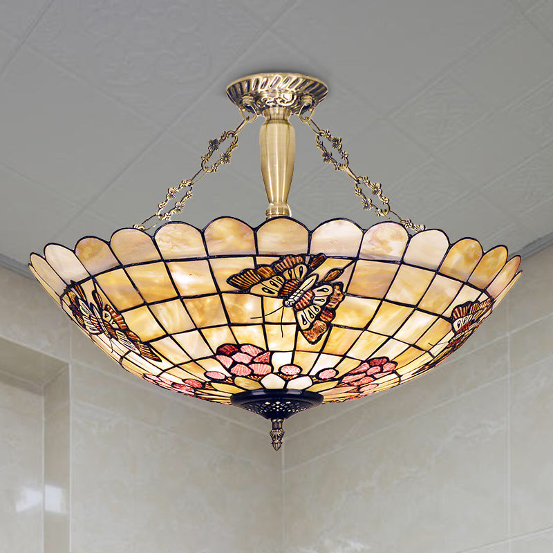 4 Lights Corridor Semi Flush Mount Light Tiffany Style Brass Ceiling Lighting with Butterfly/Rose/Fruit Shell Shade Clearhalo 'Ceiling Lights' 'Close To Ceiling Lights' 'Close to ceiling' 'Semi-flushmount' 'Tiffany close to ceiling' 'Tiffany' Lighting' 297128