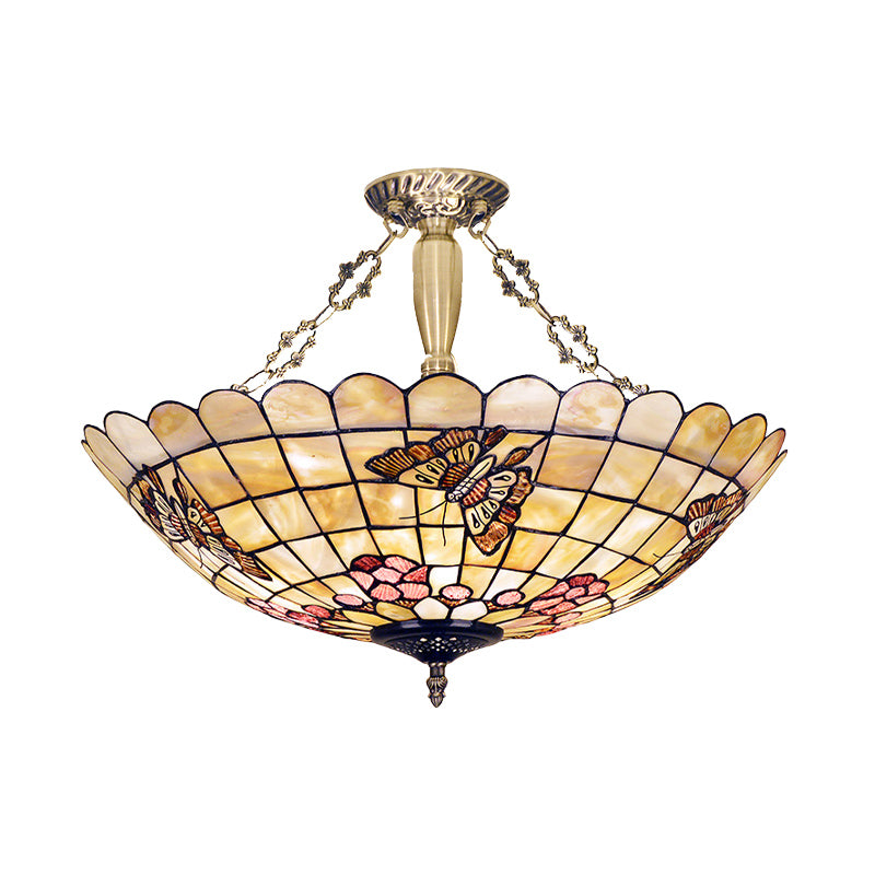 4 Lights Corridor Semi Flush Mount Light Tiffany Style Brass Ceiling Lighting with Butterfly/Rose/Fruit Shell Shade Clearhalo 'Ceiling Lights' 'Close To Ceiling Lights' 'Close to ceiling' 'Semi-flushmount' 'Tiffany close to ceiling' 'Tiffany' Lighting' 297130