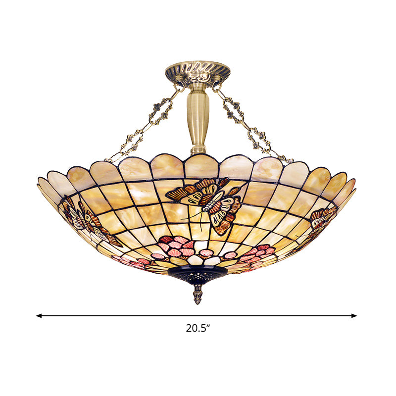 4 Lights Corridor Semi Flush Mount Light Tiffany Style Brass Ceiling Lighting with Butterfly/Rose/Fruit Shell Shade Clearhalo 'Ceiling Lights' 'Close To Ceiling Lights' 'Close to ceiling' 'Semi-flushmount' 'Tiffany close to ceiling' 'Tiffany' Lighting' 297131