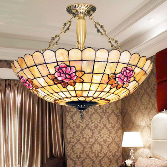 4 Lights Corridor Semi Flush Mount Light Tiffany Style Brass Ceiling Lighting with Butterfly/Rose/Fruit Shell Shade Brass Rose Clearhalo 'Ceiling Lights' 'Close To Ceiling Lights' 'Close to ceiling' 'Semi-flushmount' 'Tiffany close to ceiling' 'Tiffany' Lighting' 297133