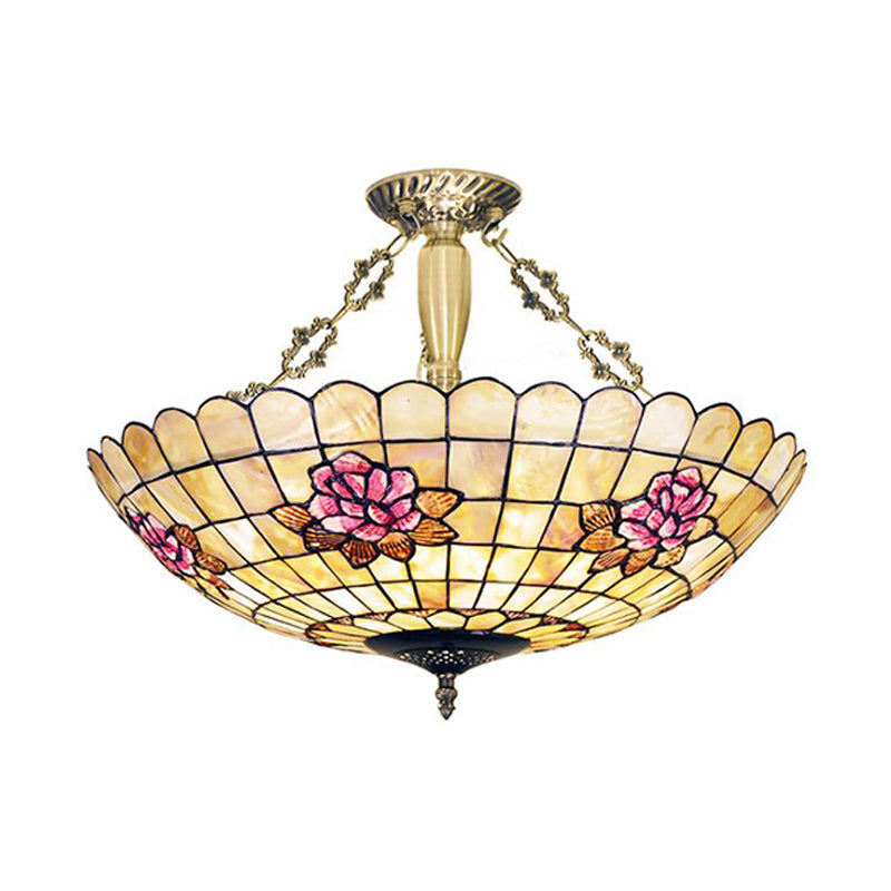 4 Lights Corridor Semi Flush Mount Light Tiffany Style Brass Ceiling Lighting with Butterfly/Rose/Fruit Shell Shade Clearhalo 'Ceiling Lights' 'Close To Ceiling Lights' 'Close to ceiling' 'Semi-flushmount' 'Tiffany close to ceiling' 'Tiffany' Lighting' 297134