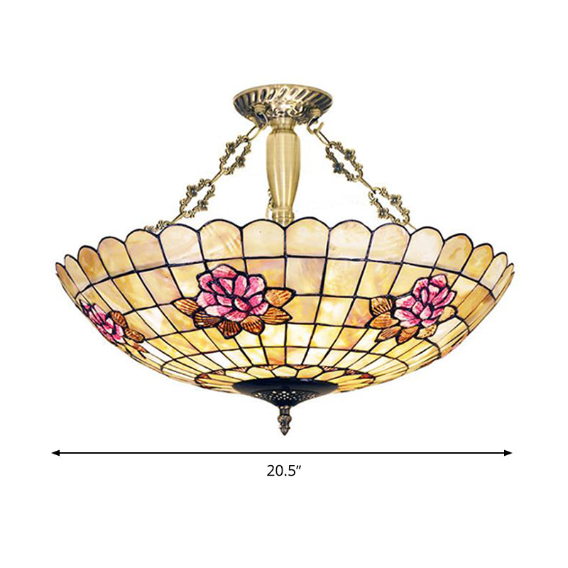 4 Lights Corridor Semi Flush Mount Light Tiffany Style Brass Ceiling Lighting with Butterfly/Rose/Fruit Shell Shade Clearhalo 'Ceiling Lights' 'Close To Ceiling Lights' 'Close to ceiling' 'Semi-flushmount' 'Tiffany close to ceiling' 'Tiffany' Lighting' 297135