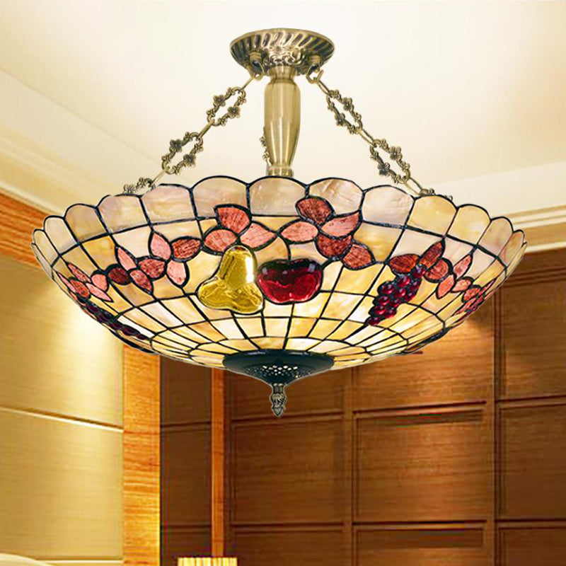 4 Lights Corridor Semi Flush Mount Light Tiffany Style Brass Ceiling Lighting with Butterfly/Rose/Fruit Shell Shade Brass Fruit Clearhalo 'Ceiling Lights' 'Close To Ceiling Lights' 'Close to ceiling' 'Semi-flushmount' 'Tiffany close to ceiling' 'Tiffany' Lighting' 297137