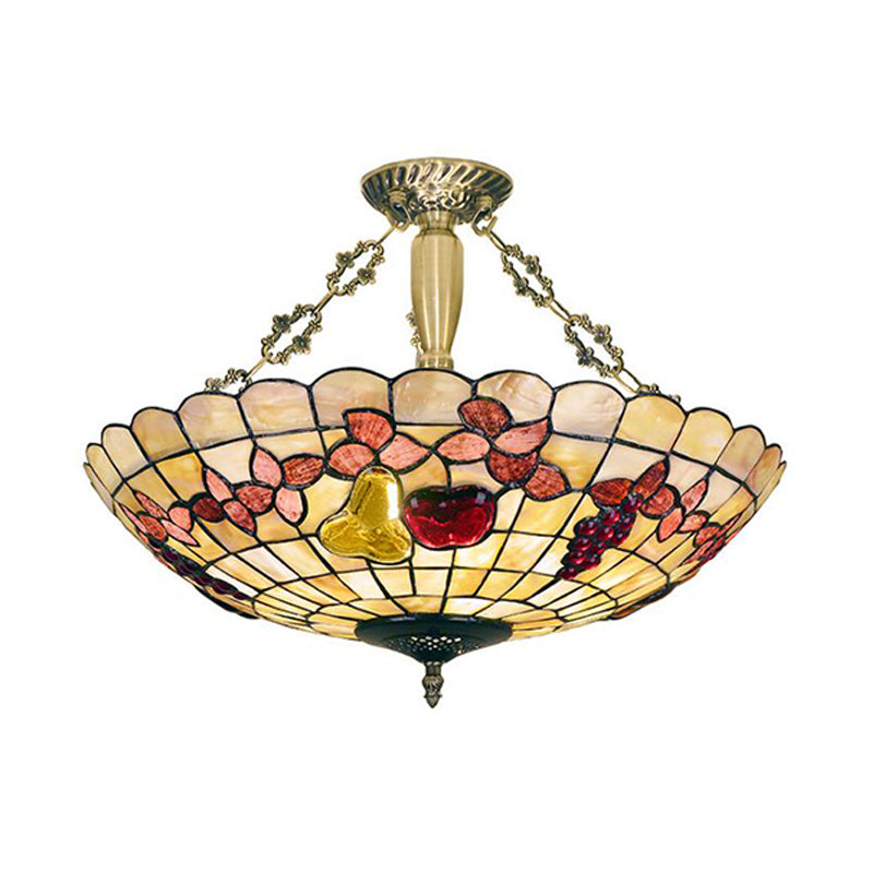 4 Lights Corridor Semi Flush Mount Light Tiffany Style Brass Ceiling Lighting with Butterfly/Rose/Fruit Shell Shade Clearhalo 'Ceiling Lights' 'Close To Ceiling Lights' 'Close to ceiling' 'Semi-flushmount' 'Tiffany close to ceiling' 'Tiffany' Lighting' 297138
