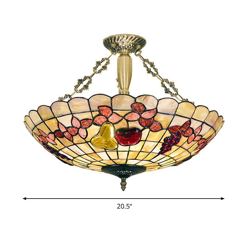 4 Lights Corridor Semi Flush Mount Light Tiffany Style Brass Ceiling Lighting with Butterfly/Rose/Fruit Shell Shade Clearhalo 'Ceiling Lights' 'Close To Ceiling Lights' 'Close to ceiling' 'Semi-flushmount' 'Tiffany close to ceiling' 'Tiffany' Lighting' 297139