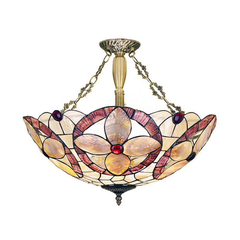 4 Lights Corridor Semi Flush Mount Light Tiffany Style Brass Ceiling Lighting with Butterfly/Rose/Fruit Shell Shade Brass Flower Clearhalo 'Ceiling Lights' 'Close To Ceiling Lights' 'Close to ceiling' 'Semi-flushmount' 'Tiffany close to ceiling' 'Tiffany' Lighting' 297141