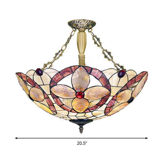 4 Lights Corridor Semi Flush Mount Light Tiffany Style Brass Ceiling Lighting with Butterfly/Rose/Fruit Shell Shade Clearhalo 'Ceiling Lights' 'Close To Ceiling Lights' 'Close to ceiling' 'Semi-flushmount' 'Tiffany close to ceiling' 'Tiffany' Lighting' 297142