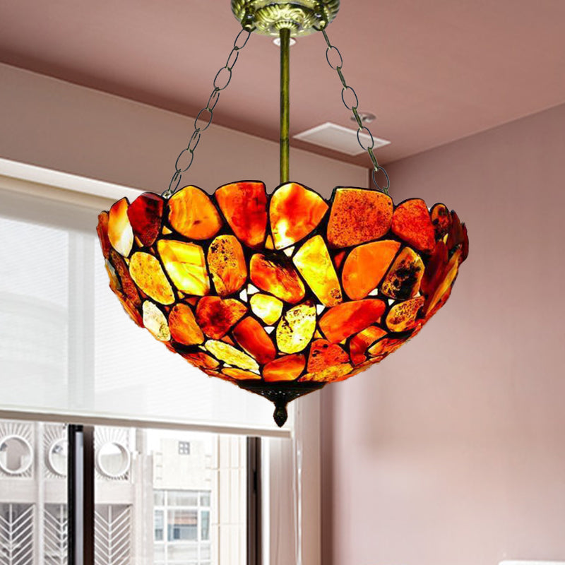 3 Lights Semi Flush Mount Mediterranean Bowl Shade Stone Ceiling Lamp in Antique Brass Clearhalo 'Ceiling Lights' 'Chandeliers' 'Close To Ceiling Lights' 'Close to ceiling' 'Semi-flushmount' 'Tiffany close to ceiling' 'Tiffany' Lighting' 297198