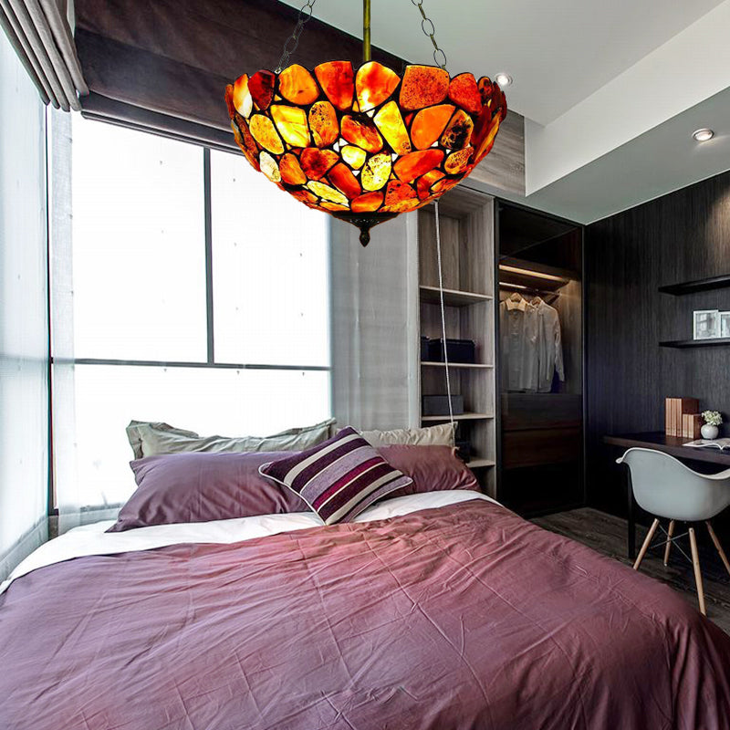 3 Lights Semi Flush Mount Mediterranean Bowl Shade Stone Ceiling Lamp in Antique Brass Clearhalo 'Ceiling Lights' 'Chandeliers' 'Close To Ceiling Lights' 'Close to ceiling' 'Semi-flushmount' 'Tiffany close to ceiling' 'Tiffany' Lighting' 297199