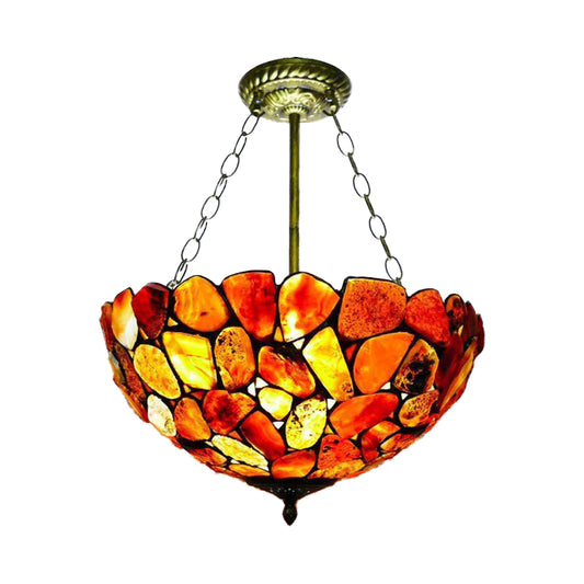 3 Lights Semi Flush Mount Mediterranean Bowl Shade Stone Ceiling Lamp in Antique Brass Clearhalo 'Ceiling Lights' 'Chandeliers' 'Close To Ceiling Lights' 'Close to ceiling' 'Semi-flushmount' 'Tiffany close to ceiling' 'Tiffany' Lighting' 297200