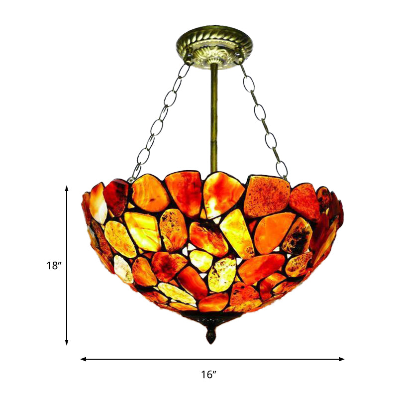 3 Lights Semi Flush Mount Mediterranean Bowl Shade Stone Ceiling Lamp in Antique Brass Clearhalo 'Ceiling Lights' 'Chandeliers' 'Close To Ceiling Lights' 'Close to ceiling' 'Semi-flushmount' 'Tiffany close to ceiling' 'Tiffany' Lighting' 297201