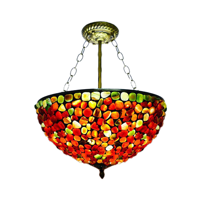 3 Lights Semi Flush Mount Mediterranean Bowl Shade Stone Ceiling Lamp in Antique Brass Clearhalo 'Ceiling Lights' 'Chandeliers' 'Close To Ceiling Lights' 'Close to ceiling' 'Semi-flushmount' 'Tiffany close to ceiling' 'Tiffany' Lighting' 297203