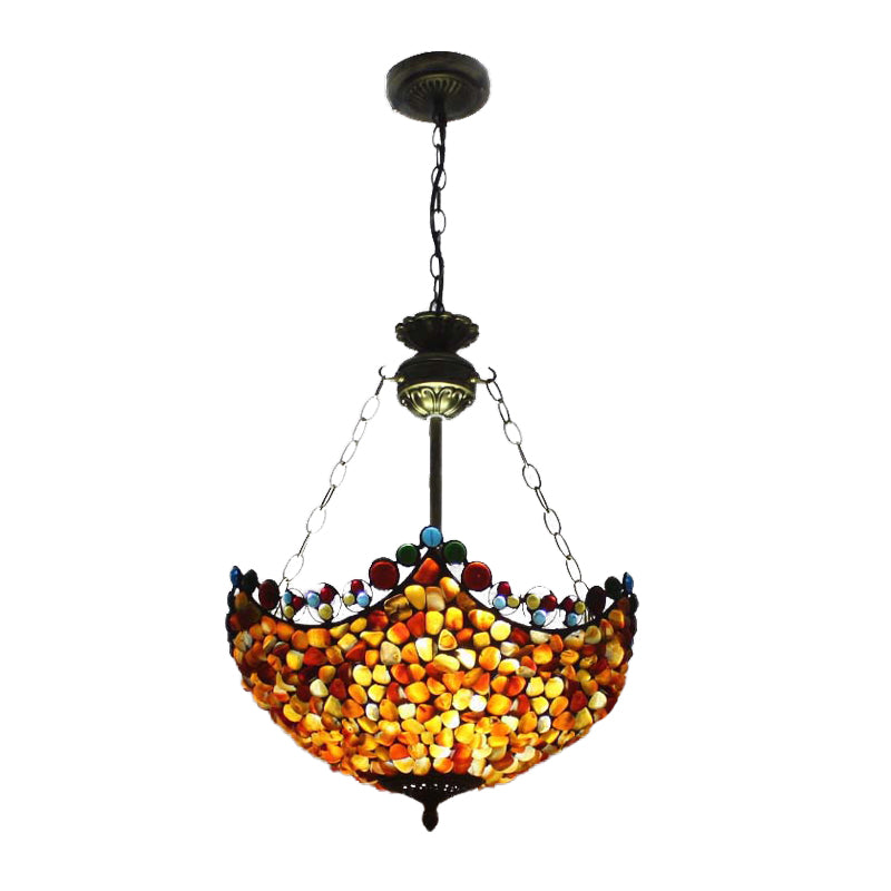 3 Lights Semi Flush Mount Mediterranean Bowl Shade Stone Ceiling Lamp in Antique Brass Clearhalo 'Ceiling Lights' 'Chandeliers' 'Close To Ceiling Lights' 'Close to ceiling' 'Semi-flushmount' 'Tiffany close to ceiling' 'Tiffany' Lighting' 297206