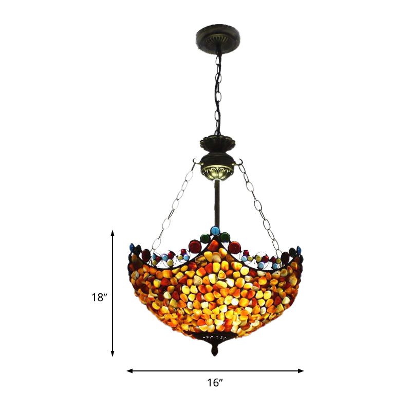 3 Lights Semi Flush Mount Mediterranean Bowl Shade Stone Ceiling Lamp in Antique Brass Clearhalo 'Ceiling Lights' 'Chandeliers' 'Close To Ceiling Lights' 'Close to ceiling' 'Semi-flushmount' 'Tiffany close to ceiling' 'Tiffany' Lighting' 297207