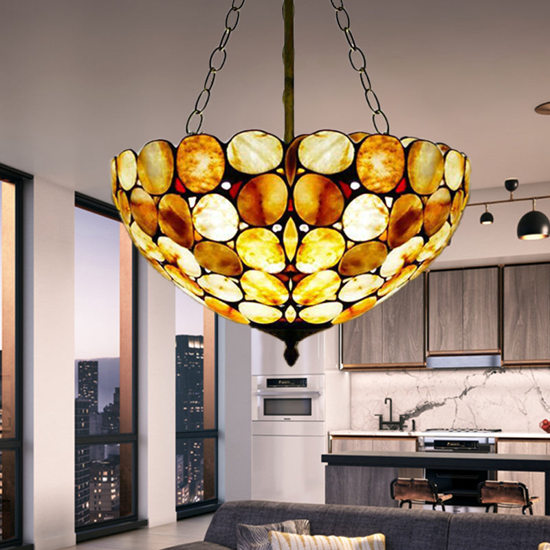 3 Lights Semi Flush Mount Mediterranean Bowl Shade Stone Ceiling Lamp in Antique Brass Antique Brass A Clearhalo 'Ceiling Lights' 'Chandeliers' 'Close To Ceiling Lights' 'Close to ceiling' 'Semi-flushmount' 'Tiffany close to ceiling' 'Tiffany' Lighting' 297208