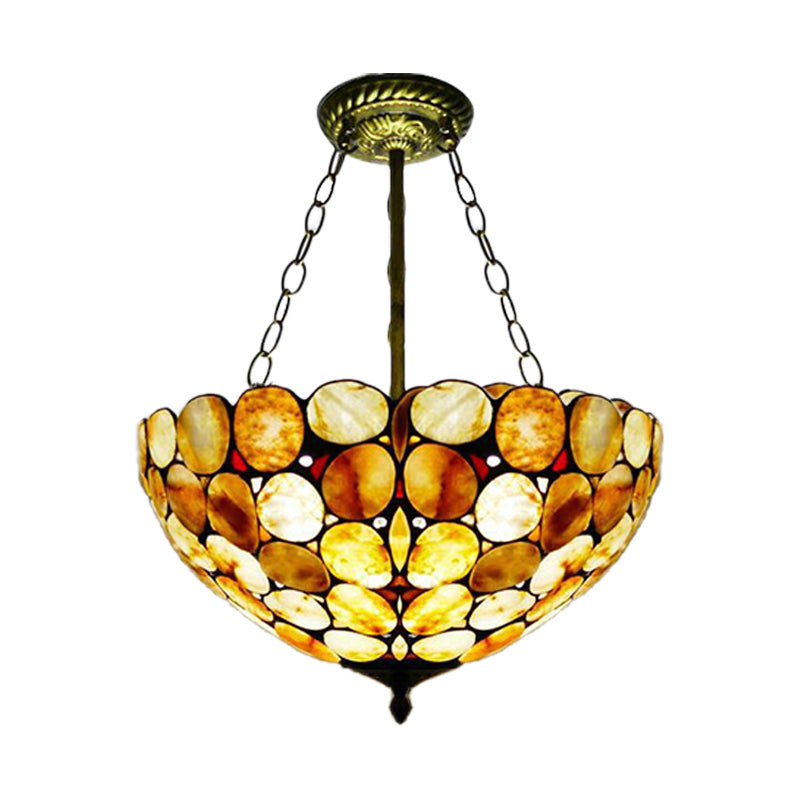 3 Lights Semi Flush Mount Mediterranean Bowl Shade Stone Ceiling Lamp in Antique Brass Clearhalo 'Ceiling Lights' 'Chandeliers' 'Close To Ceiling Lights' 'Close to ceiling' 'Semi-flushmount' 'Tiffany close to ceiling' 'Tiffany' Lighting' 297209