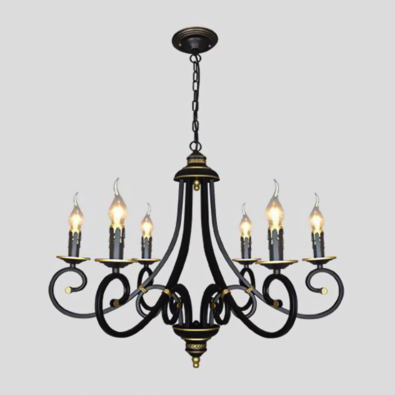 Black Candle Chandelier Lighting Vintage Metal 3/5/6 Bulbs Dining Room Ceiling Suspension Lamp with Curly Arm 6 Black Clearhalo 'Ceiling Lights' 'Chandeliers' Lighting' options 297214_b99a72d7-7888-4004-942f-3a91dc5c39bf