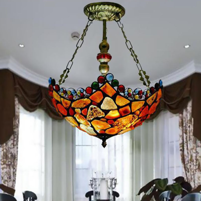 12"/16" Wide Scalloped Stone Ceiling Chandelier Tiffany 2/3 Lights Antique Bronze Hanging Lamp Kit Antique Bronze A Clearhalo 'Ceiling Lights' 'Chandeliers' 'Industrial' 'Middle Century Chandeliers' 'Tiffany Chandeliers' 'Tiffany close to ceiling' 'Tiffany' Lighting' 297232