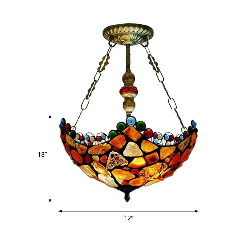 12"/16" Wide Scalloped Stone Ceiling Chandelier Tiffany 2/3 Lights Antique Bronze Hanging Lamp Kit Clearhalo 'Ceiling Lights' 'Chandeliers' 'Industrial' 'Middle Century Chandeliers' 'Tiffany Chandeliers' 'Tiffany close to ceiling' 'Tiffany' Lighting' 297234