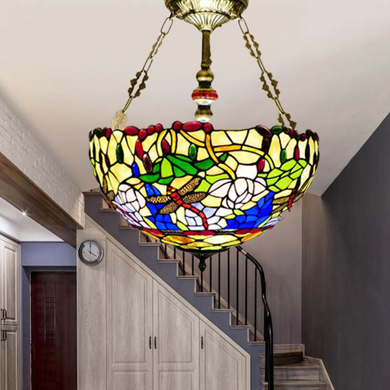 Dragonfly Semi Flush Lighting Mediterranean Stained Glass 5 Lights Brass Ceiling Flush Mount Brass Clearhalo 'Ceiling Lights' 'Chandeliers' 'Close To Ceiling Lights' 'Close to ceiling' 'Glass shade' 'Glass' 'Semi-flushmount' 'Tiffany close to ceiling' 'Tiffany' Lighting' 297265