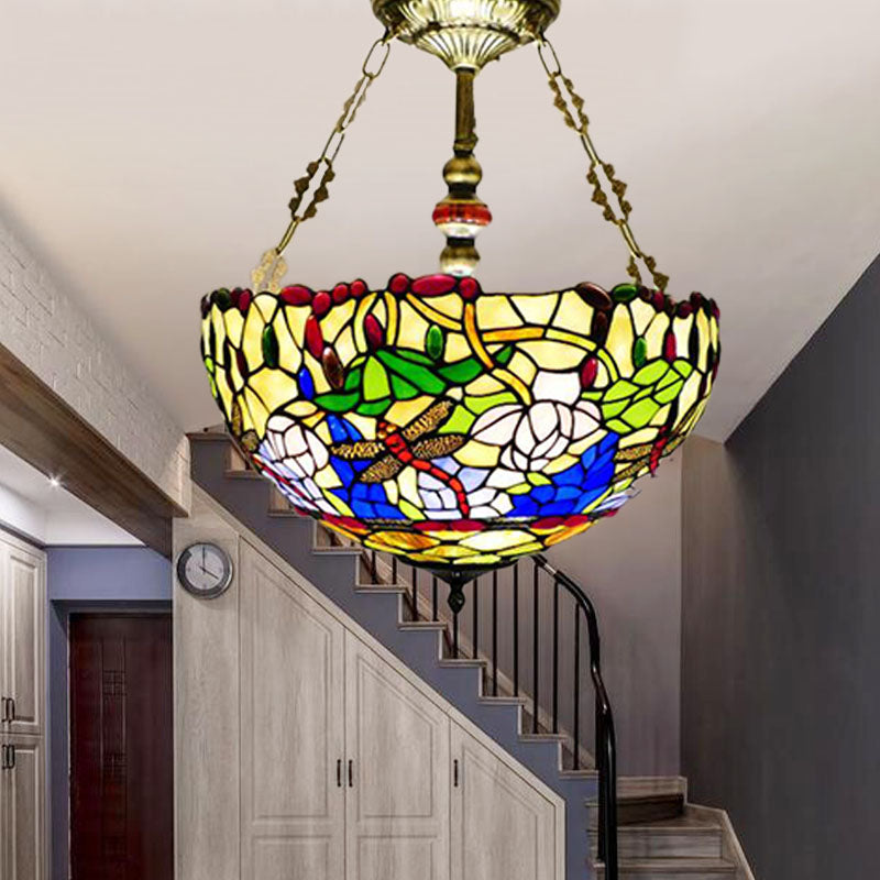 Dragonfly Semi Flush Lighting Mediterranean Stained Glass 5 Lights Brass Ceiling Flush Mount Brass Clearhalo 'Ceiling Lights' 'Chandeliers' 'Close To Ceiling Lights' 'Close to ceiling' 'Glass shade' 'Glass' 'Semi-flushmount' 'Tiffany close to ceiling' 'Tiffany' Lighting' 297265
