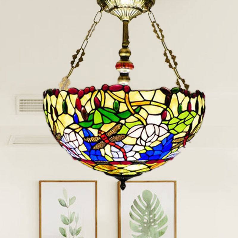 Dragonfly Semi Flush Lighting Mediterranean Stained Glass 5 Lights Brass Ceiling Flush Mount Clearhalo 'Ceiling Lights' 'Chandeliers' 'Close To Ceiling Lights' 'Close to ceiling' 'Glass shade' 'Glass' 'Semi-flushmount' 'Tiffany close to ceiling' 'Tiffany' Lighting' 297266