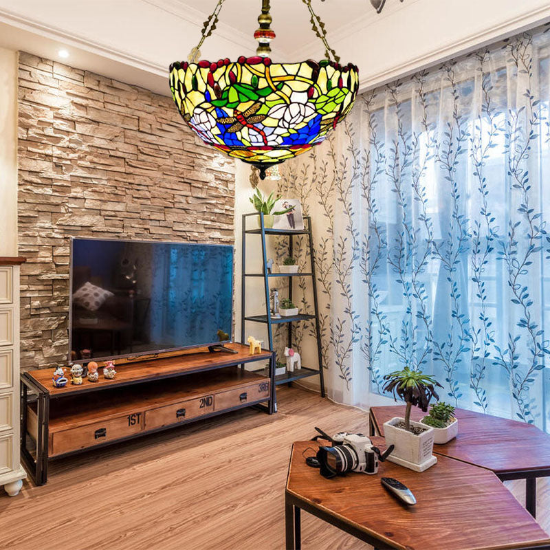 Dragonfly Semi Flush Lighting Mediterranean Stained Glass 5 Lights Brass Ceiling Flush Mount Clearhalo 'Ceiling Lights' 'Chandeliers' 'Close To Ceiling Lights' 'Close to ceiling' 'Glass shade' 'Glass' 'Semi-flushmount' 'Tiffany close to ceiling' 'Tiffany' Lighting' 297267