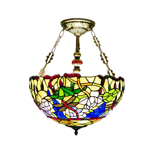 Dragonfly Semi Flush Lighting Mediterranean Stained Glass 5 Lights Brass Ceiling Flush Mount Clearhalo 'Ceiling Lights' 'Chandeliers' 'Close To Ceiling Lights' 'Close to ceiling' 'Glass shade' 'Glass' 'Semi-flushmount' 'Tiffany close to ceiling' 'Tiffany' Lighting' 297268