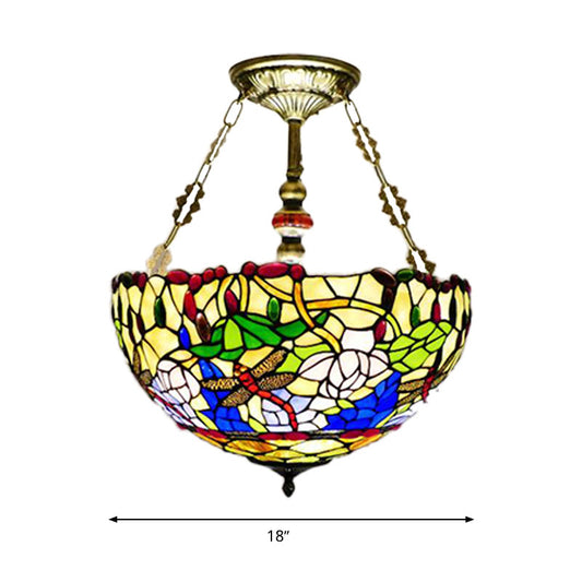 Dragonfly Semi Flush Lighting Mediterranean Stained Glass 5 Lights Brass Ceiling Flush Mount Clearhalo 'Ceiling Lights' 'Chandeliers' 'Close To Ceiling Lights' 'Close to ceiling' 'Glass shade' 'Glass' 'Semi-flushmount' 'Tiffany close to ceiling' 'Tiffany' Lighting' 297269