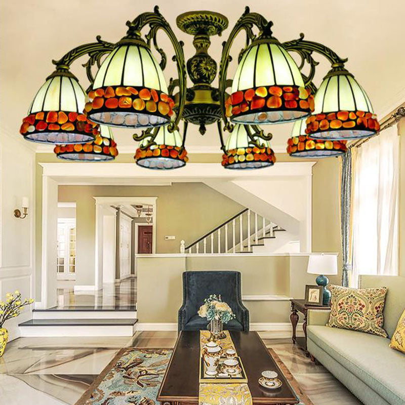 Antique Bronze Spots/Gem Chandelier Lighting Fixture Tiffany 3/5/8 Lights Stained Glass Suspension Pendant Clearhalo 'Ceiling Lights' 'Chandeliers' 'Industrial' 'Middle Century Chandeliers' 'Pendant Lights' 'Tiffany Chandeliers' 'Tiffany close to ceiling' 'Tiffany' Lighting' 297292
