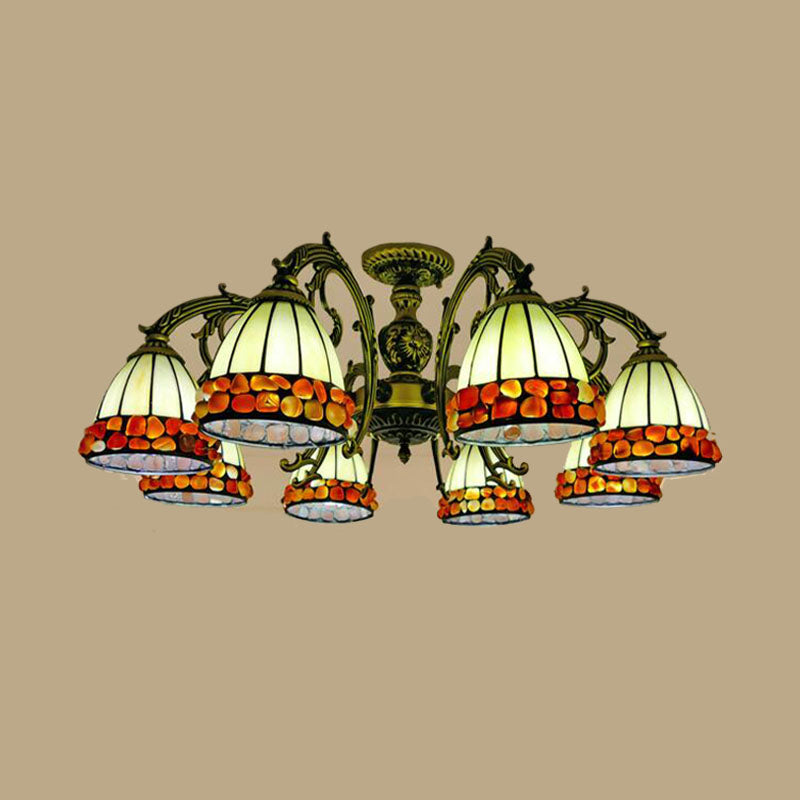 Antique Bronze Spots/Gem Chandelier Lighting Fixture Tiffany 3/5/8 Lights Stained Glass Suspension Pendant Clearhalo 'Ceiling Lights' 'Chandeliers' 'Industrial' 'Middle Century Chandeliers' 'Pendant Lights' 'Tiffany Chandeliers' 'Tiffany close to ceiling' 'Tiffany' Lighting' 297293