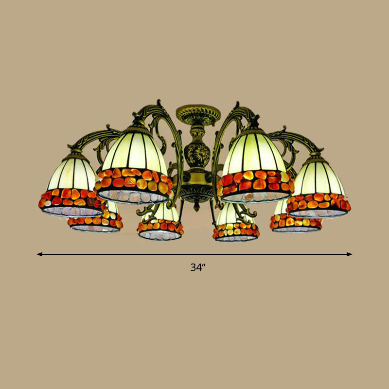 Antique Bronze Spots/Gem Chandelier Lighting Fixture Tiffany 3/5/8 Lights Stained Glass Suspension Pendant Clearhalo 'Ceiling Lights' 'Chandeliers' 'Industrial' 'Middle Century Chandeliers' 'Pendant Lights' 'Tiffany Chandeliers' 'Tiffany close to ceiling' 'Tiffany' Lighting' 297294