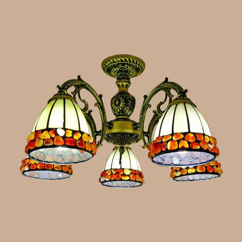 Antique Bronze Spots/Gem Chandelier Lighting Fixture Tiffany 3/5/8 Lights Stained Glass Suspension Pendant Clearhalo 'Ceiling Lights' 'Chandeliers' 'Industrial' 'Middle Century Chandeliers' 'Pendant Lights' 'Tiffany Chandeliers' 'Tiffany close to ceiling' 'Tiffany' Lighting' 297296