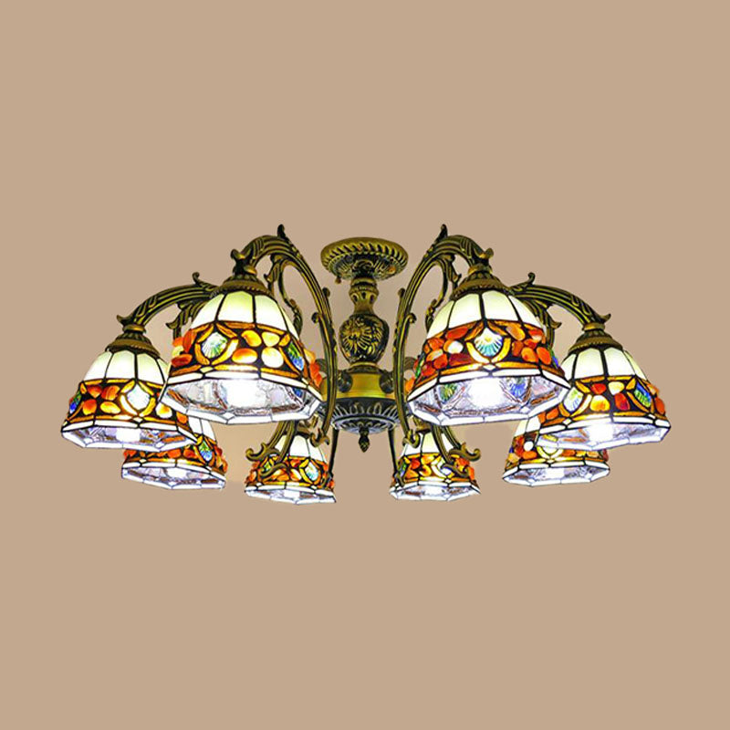 Antique Bronze Spots/Gem Chandelier Lighting Fixture Tiffany 3/5/8 Lights Stained Glass Suspension Pendant Clearhalo 'Ceiling Lights' 'Chandeliers' 'Industrial' 'Middle Century Chandeliers' 'Pendant Lights' 'Tiffany Chandeliers' 'Tiffany close to ceiling' 'Tiffany' Lighting' 297302
