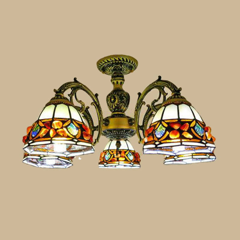 Antique Bronze Spots/Gem Chandelier Lighting Fixture Tiffany 3/5/8 Lights Stained Glass Suspension Pendant Clearhalo 'Ceiling Lights' 'Chandeliers' 'Industrial' 'Middle Century Chandeliers' 'Pendant Lights' 'Tiffany Chandeliers' 'Tiffany close to ceiling' 'Tiffany' Lighting' 297305