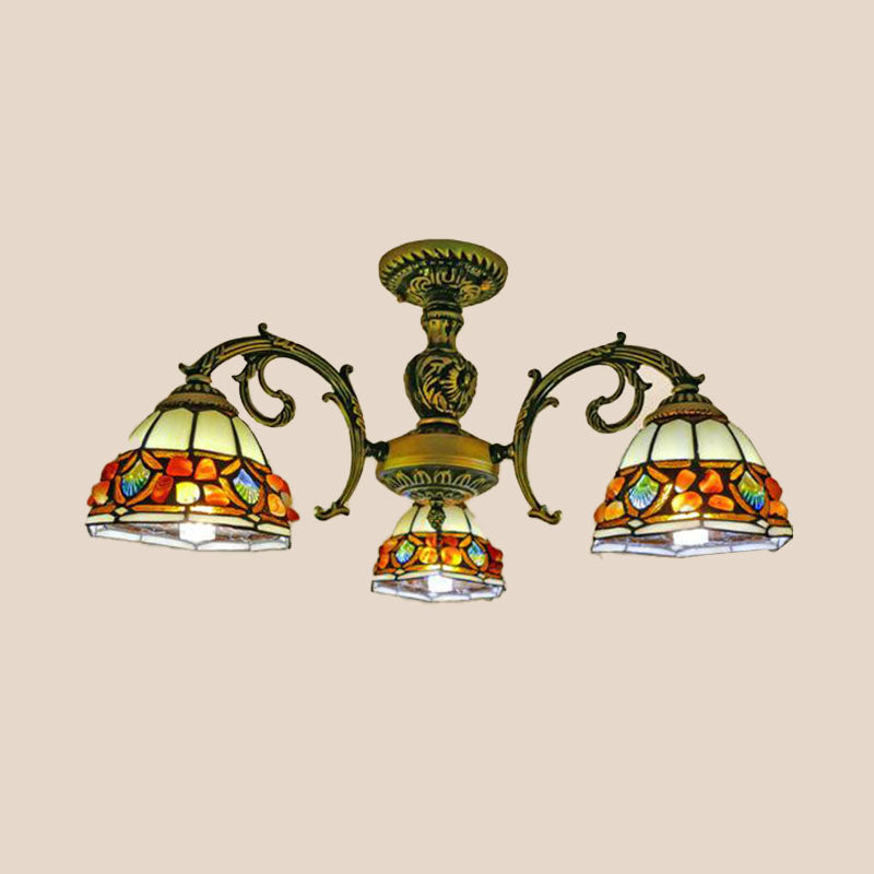Antique Bronze Spots/Gem Chandelier Lighting Fixture Tiffany 3/5/8 Lights Stained Glass Suspension Pendant Clearhalo 'Ceiling Lights' 'Chandeliers' 'Industrial' 'Middle Century Chandeliers' 'Pendant Lights' 'Tiffany Chandeliers' 'Tiffany close to ceiling' 'Tiffany' Lighting' 297308