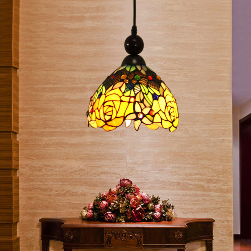 Pink/Yellow 1 Light Pendant Lighting Tiffany Style Stained Art Glass Blossom Ceiling Lamp Yellow Clearhalo 'Ceiling Lights' 'Industrial' 'Middle Century Pendants' 'Pendant Lights' 'Pendants' 'Tiffany close to ceiling' 'Tiffany Pendants' 'Tiffany' Lighting' 297323