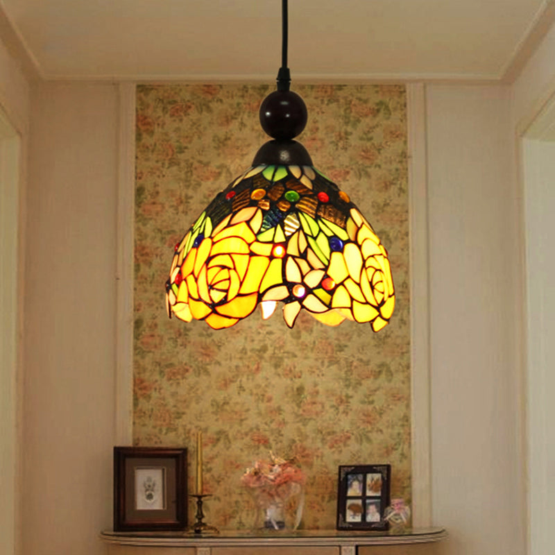 Pink/Yellow 1 Light Pendant Lighting Tiffany Style Stained Art Glass Blossom Ceiling Lamp Clearhalo 'Ceiling Lights' 'Industrial' 'Middle Century Pendants' 'Pendant Lights' 'Pendants' 'Tiffany close to ceiling' 'Tiffany Pendants' 'Tiffany' Lighting' 297324