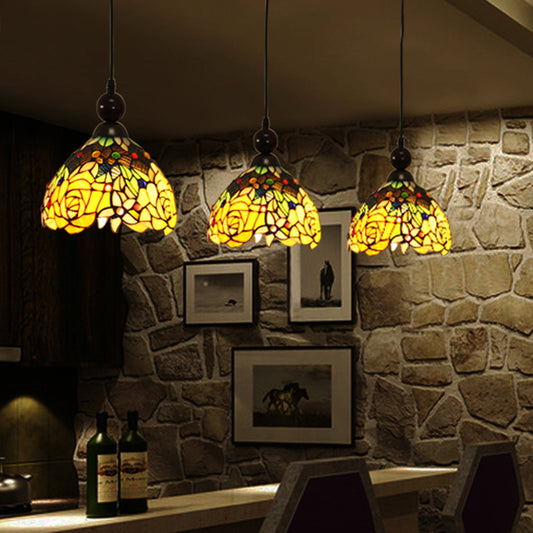 Pink/Yellow 1 Light Pendant Lighting Tiffany Style Stained Art Glass Blossom Ceiling Lamp - Clearhalo - 'Ceiling Lights' - 'Industrial' - 'Middle Century Pendants' - 'Pendant Lights' - 'Pendants' - 'Tiffany close to ceiling' - 'Tiffany Pendants' - 'Tiffany' - Lighting' - 297325