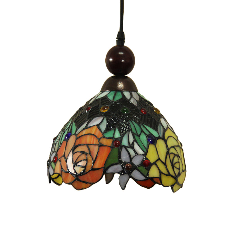Pink/Yellow 1 Light Pendant Lighting Tiffany Style Stained Art Glass Blossom Ceiling Lamp Clearhalo 'Ceiling Lights' 'Industrial' 'Middle Century Pendants' 'Pendant Lights' 'Pendants' 'Tiffany close to ceiling' 'Tiffany Pendants' 'Tiffany' Lighting' 297326