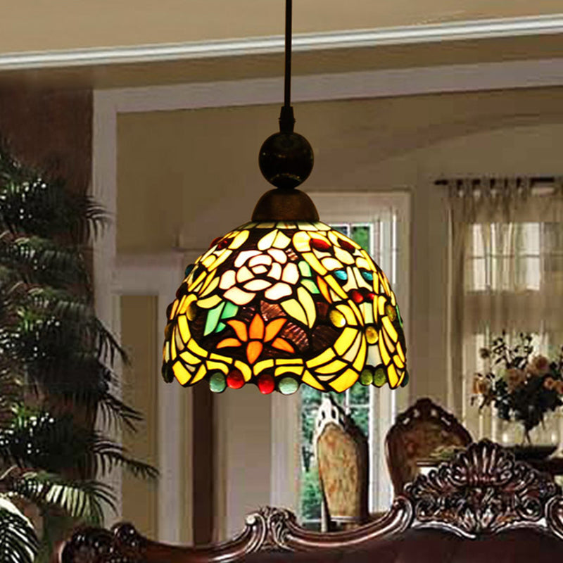 Pink/Yellow 1 Light Pendant Lighting Tiffany Style Stained Art Glass Blossom Ceiling Lamp Pink Clearhalo 'Ceiling Lights' 'Industrial' 'Middle Century Pendants' 'Pendant Lights' 'Pendants' 'Tiffany close to ceiling' 'Tiffany Pendants' 'Tiffany' Lighting' 297328