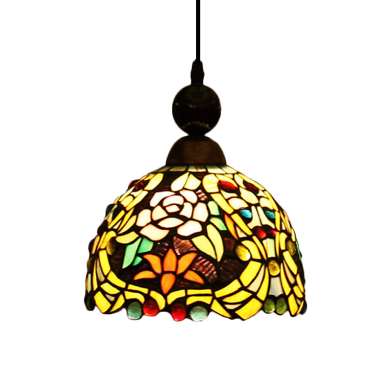 Pink/Yellow 1 Light Pendant Lighting Tiffany Style Stained Art Glass Blossom Ceiling Lamp Clearhalo 'Ceiling Lights' 'Industrial' 'Middle Century Pendants' 'Pendant Lights' 'Pendants' 'Tiffany close to ceiling' 'Tiffany Pendants' 'Tiffany' Lighting' 297330