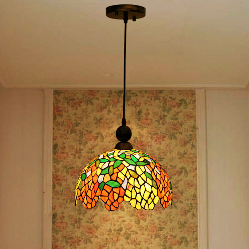 Dome Pendant Ceiling Light Mediterranean Stained Glass 1 Light Red Hanging Lamp for Kitchen Red Clearhalo 'Ceiling Lights' 'Industrial' 'Middle Century Pendants' 'Pendant Lights' 'Pendants' 'Tiffany close to ceiling' 'Tiffany Pendants' 'Tiffany' Lighting' 297332