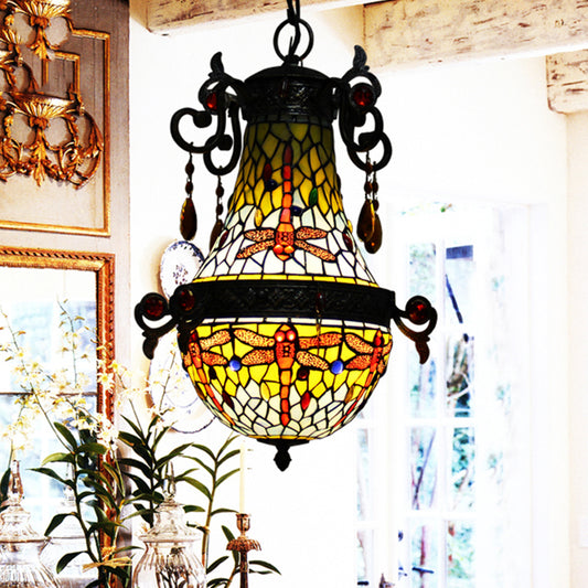Stained Glass Dragonfly Pendant Light Fixture Mediterranean 1 Light Red Suspension Lighting Clearhalo 'Ceiling Lights' 'Industrial' 'Middle Century Pendants' 'Pendant Lights' 'Pendants' 'Tiffany close to ceiling' 'Tiffany Pendants' 'Tiffany' Lighting' 297338