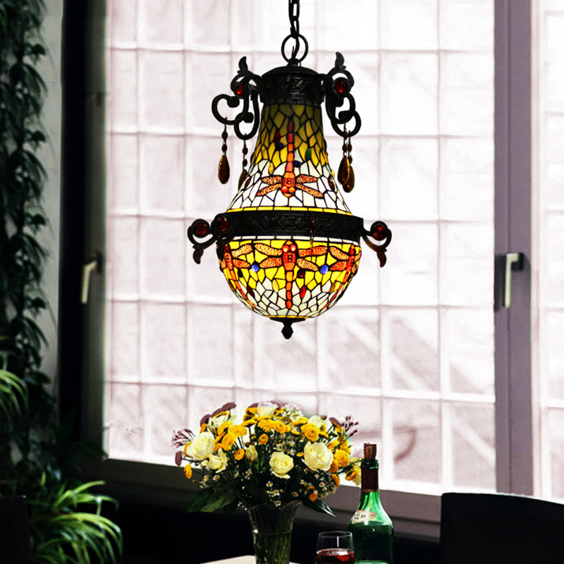 Stained Glass Dragonfly Pendant Light Fixture Mediterranean 1 Light Red Suspension Lighting Clearhalo 'Ceiling Lights' 'Industrial' 'Middle Century Pendants' 'Pendant Lights' 'Pendants' 'Tiffany close to ceiling' 'Tiffany Pendants' 'Tiffany' Lighting' 297339
